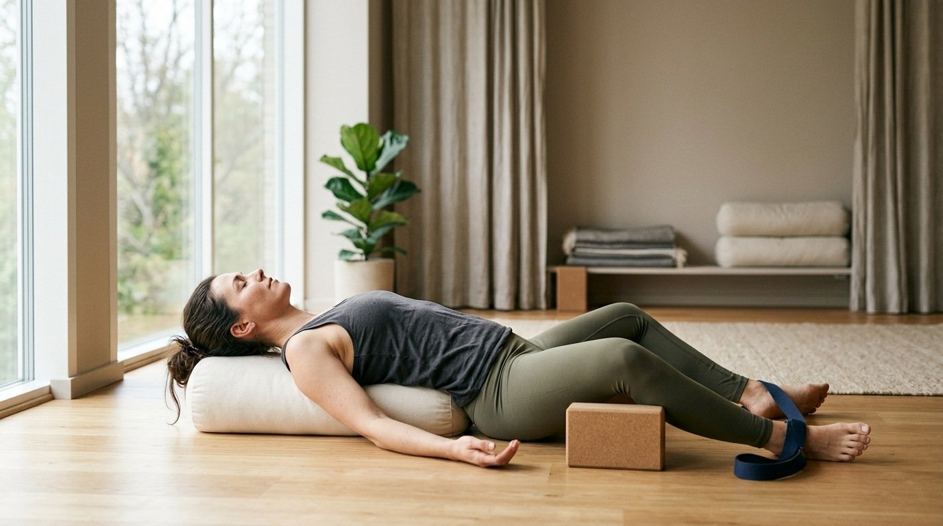 Person using yoga props for a gentle passive stretch in a calm studio