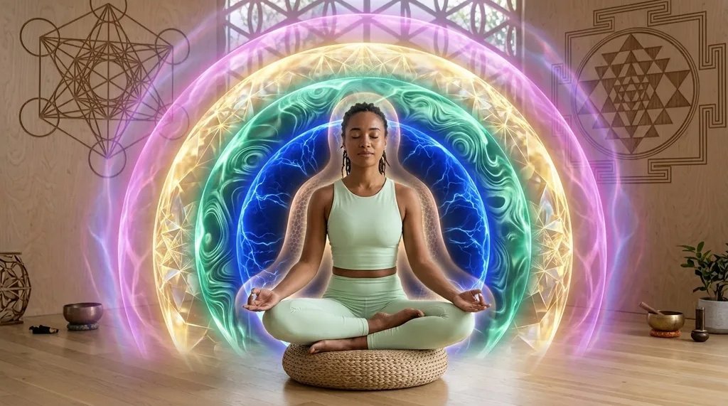 Meditating yogi displaying the five koshas as interconnected layers of being.