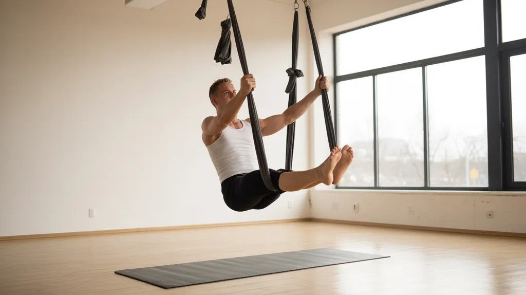 Person sitting in hammock like a chair with feet lifted off the ground in core hold.