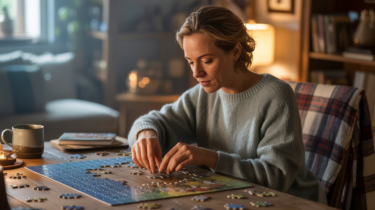 Adult solving a puzzle or brain game for mental stimulation and relaxation.