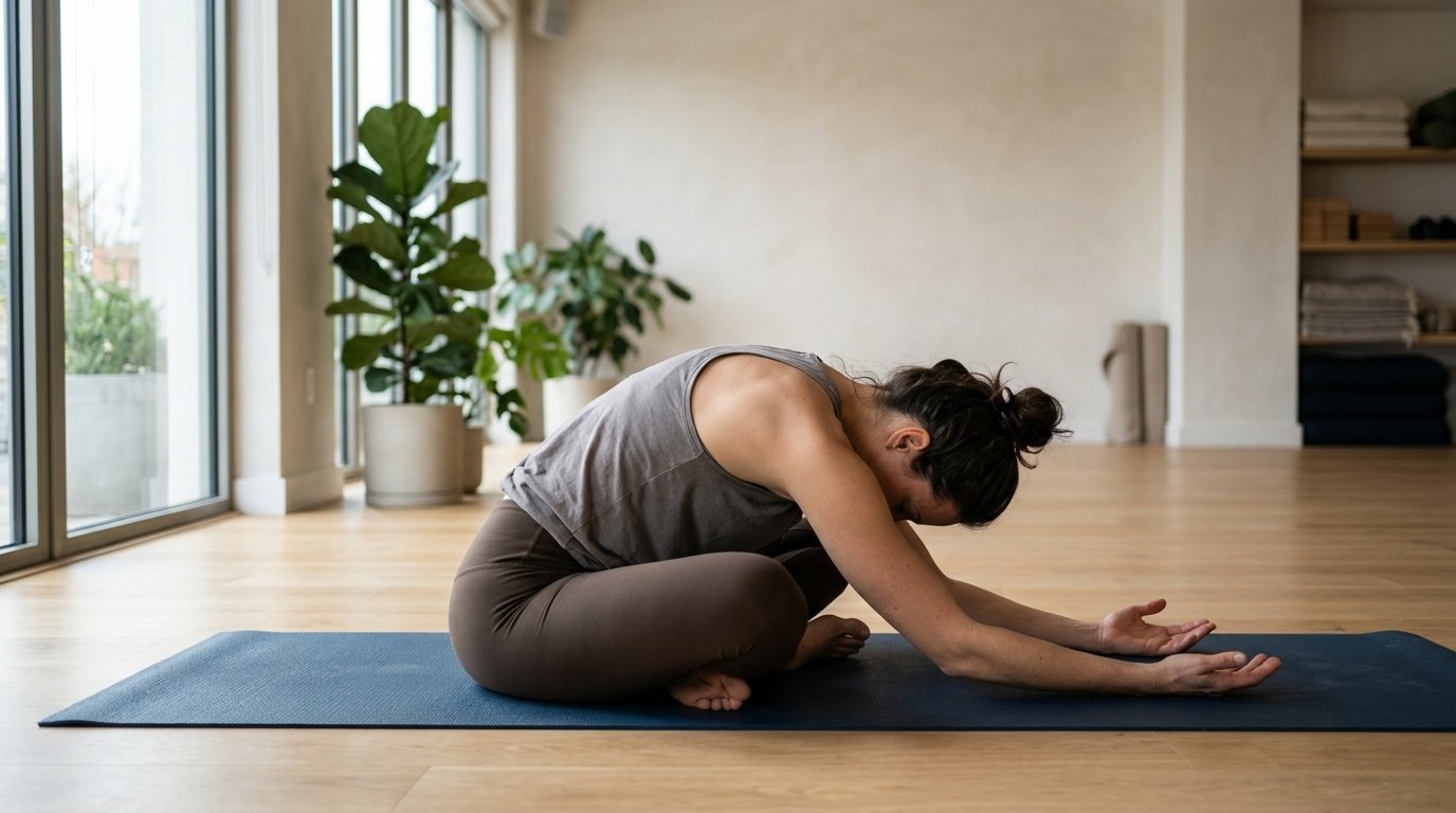 Person stretching in a sunlit studio to ease muscle tension and relax