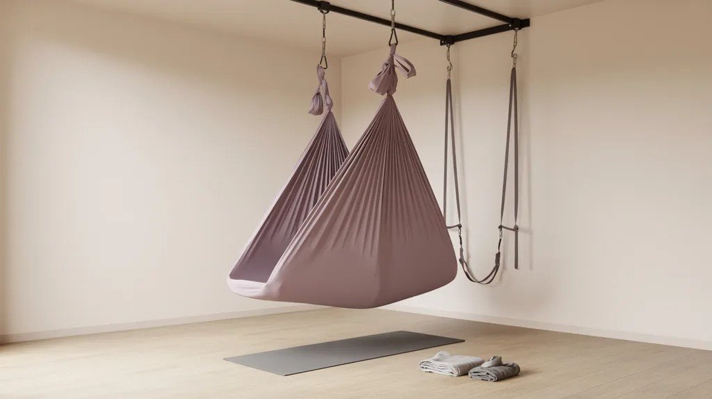 Aerial yoga setup showing a silk hammock attached to a ceiling rig with carabiners and straps, placed above a yoga mat in a clean studio with workout gear ready.