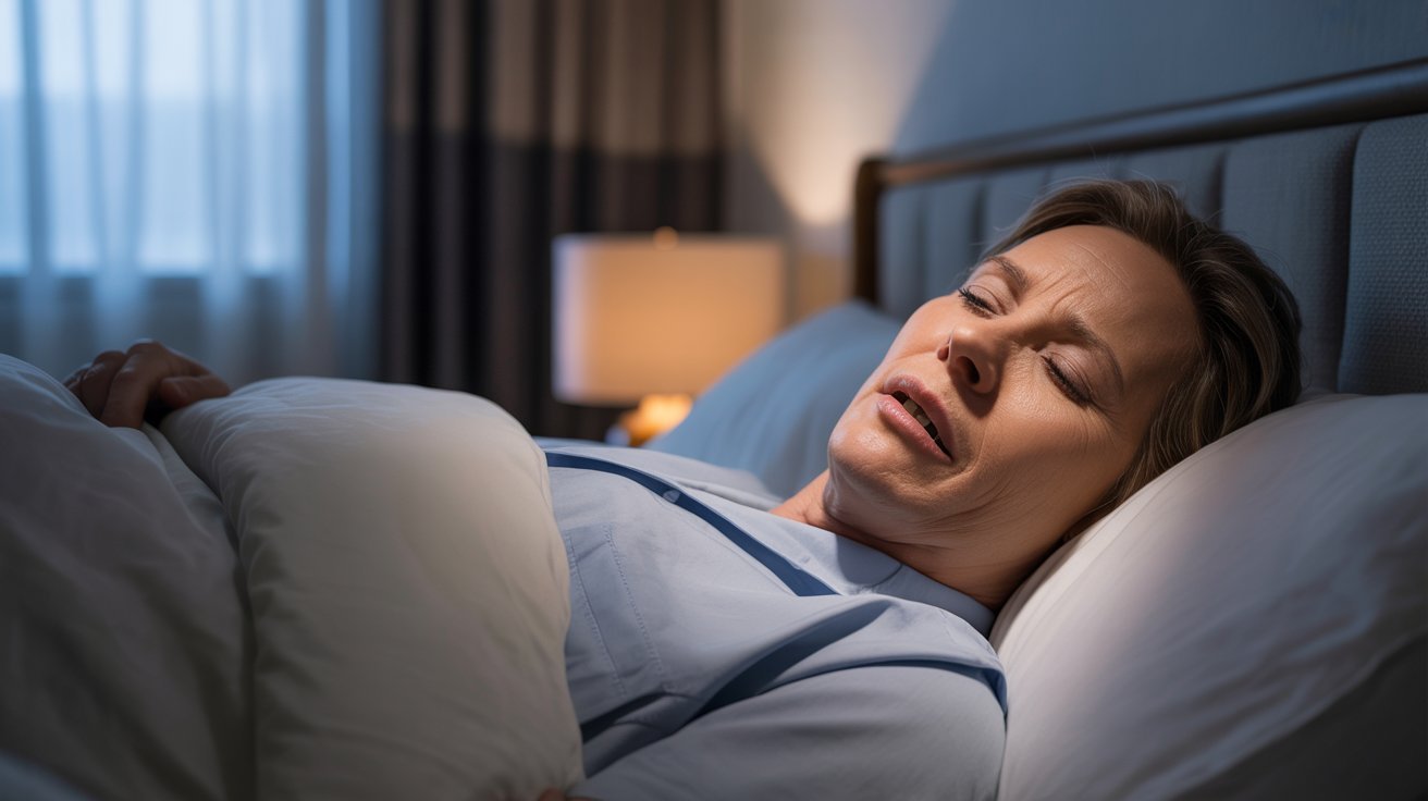 Adult experiencing obstructive sleep apnea with interrupted breathing and blocked airway during sleep.