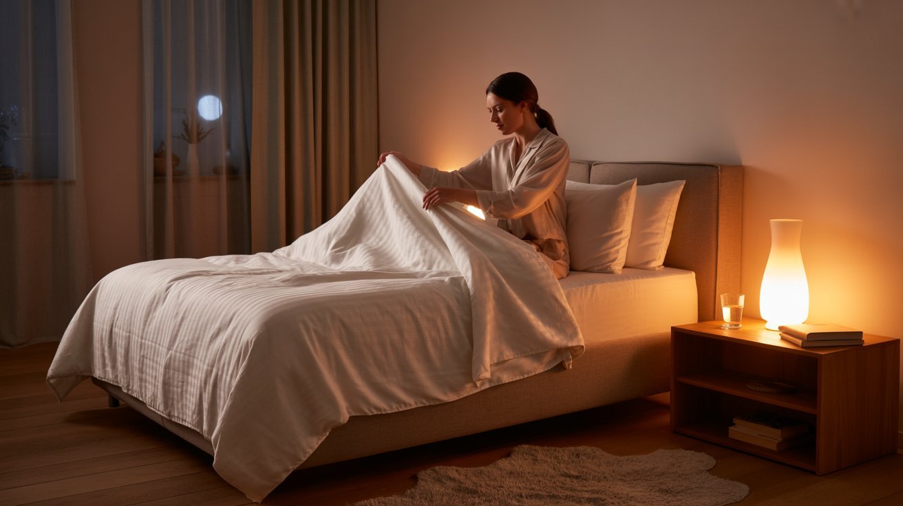 Calm bedroom scene showing healthy sleep habits and nighttime relaxation.