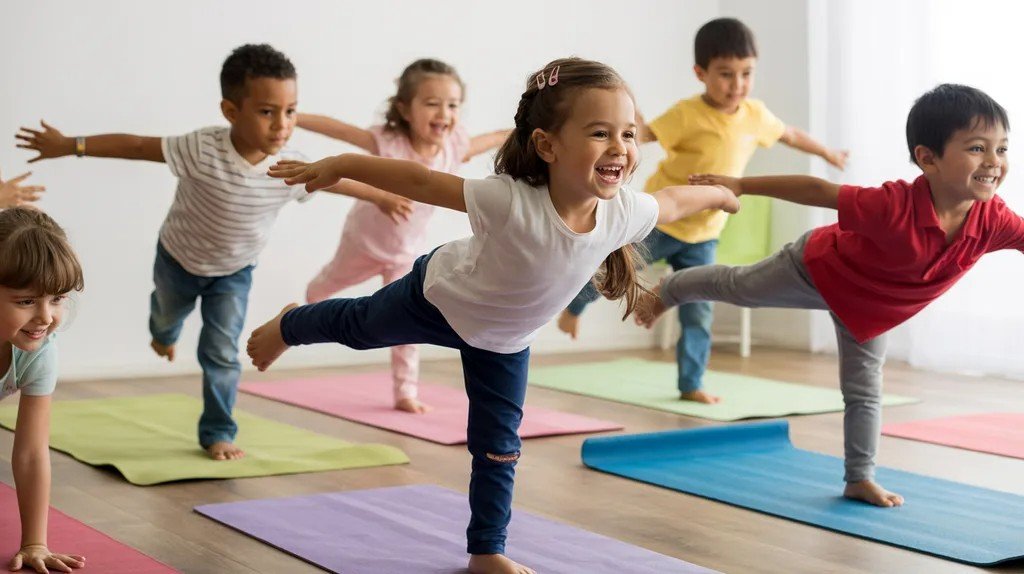 Children practicing airplane yoga pose with arms outstretched like airplane wings.