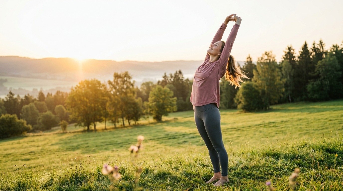 Person stretching outdoors at sunrise, smiling and enjoying a relaxed moment