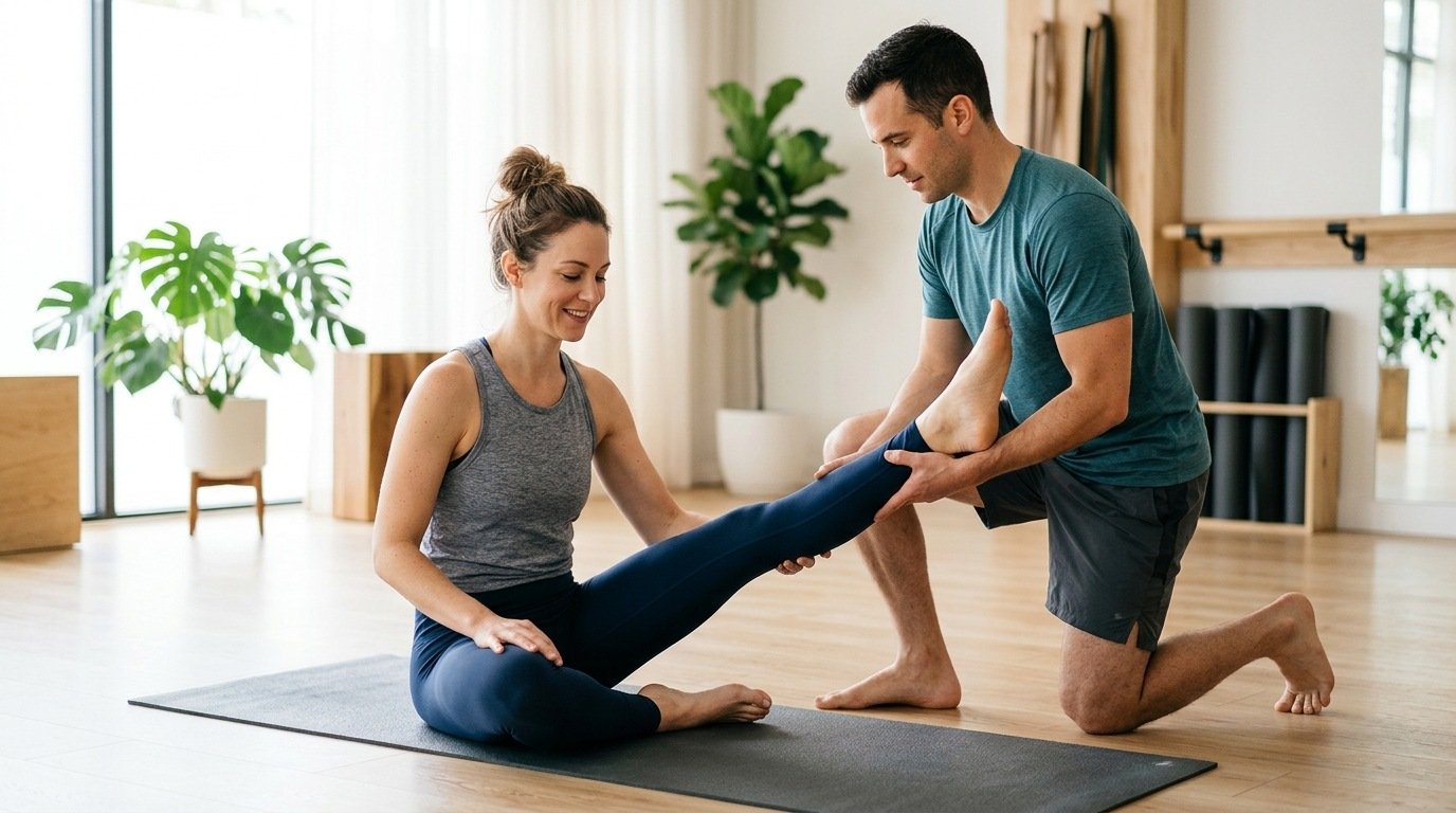 Two people practicing partner-assisted passive stretching indoors safely
