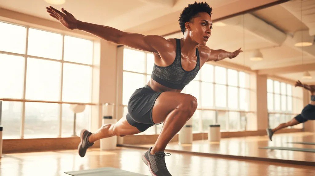 Person doing jumping jacks as cardio burst in yoga sculpt workout.
