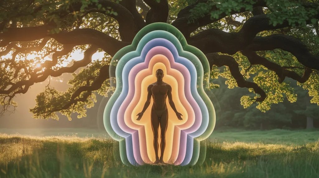 Person surrounded by five symbolic layers representing the koshas in yoga.