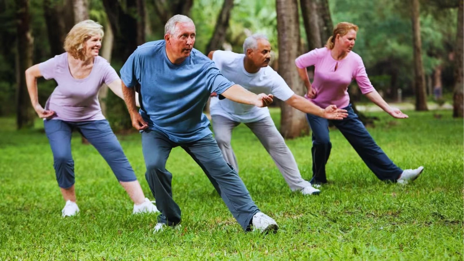 Four smiling seniors in the park perform synchronized Tai Chi lunge, extending arms forward in flowing group movement.