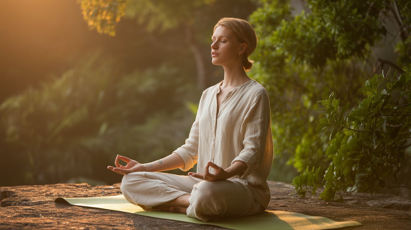 Adult practicing holistic wellness activities like yoga, meditation, and mindfulness for mind-body balance.