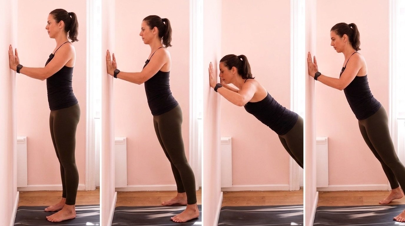 Four-step sequence of wall push-ups showing wall yoga progression for upper body strength.