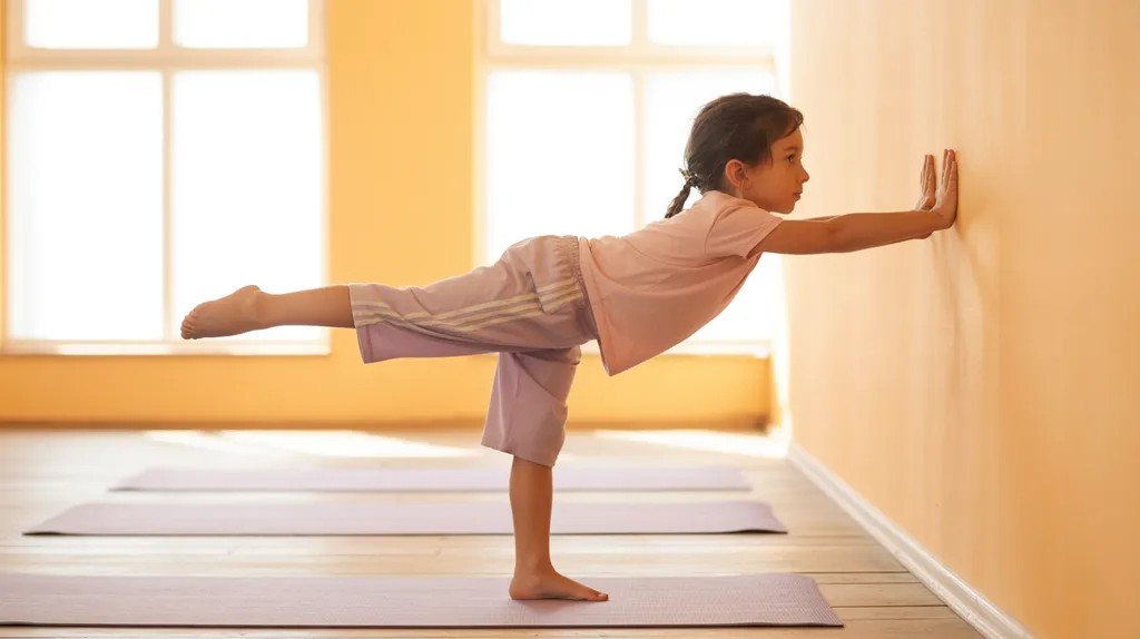 Pre-teen using a wall for support during airplane yoga pose.