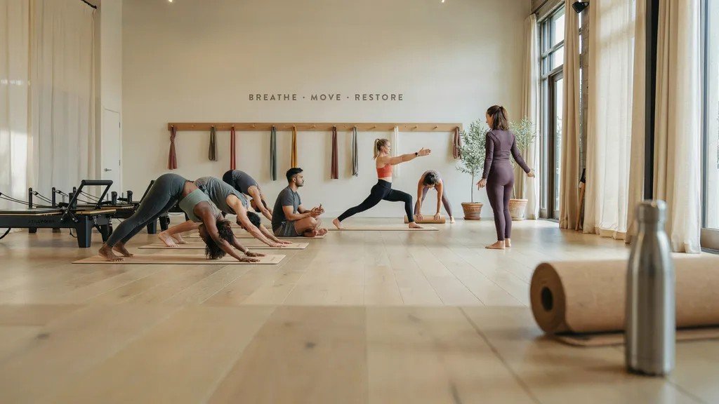 Wellness studio showing yoga and Pilates equipment used for strengthening back and improving posture