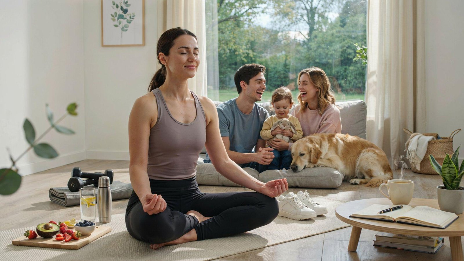 Adult surrounded by physical, mental, emotional, and social health elements representing complete overall well-being.