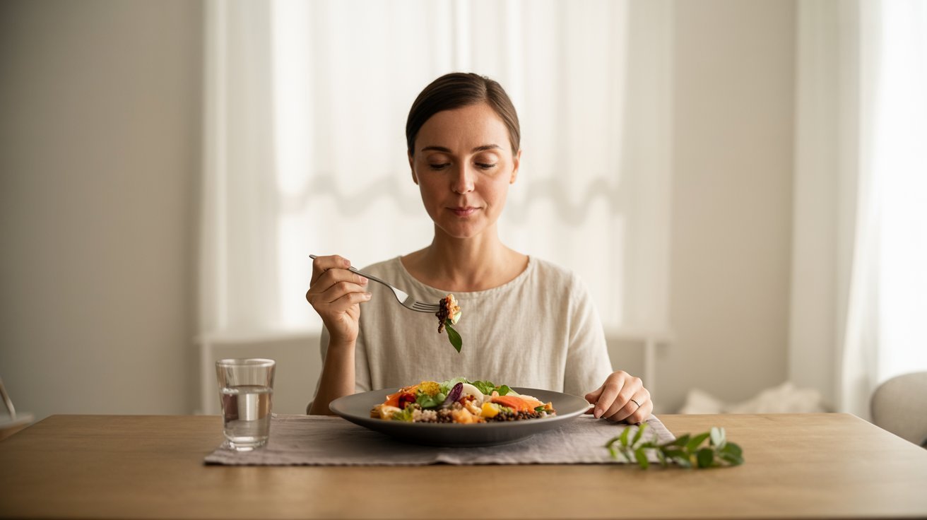 Adult practicing mindful eating to improve digestion and awareness.
