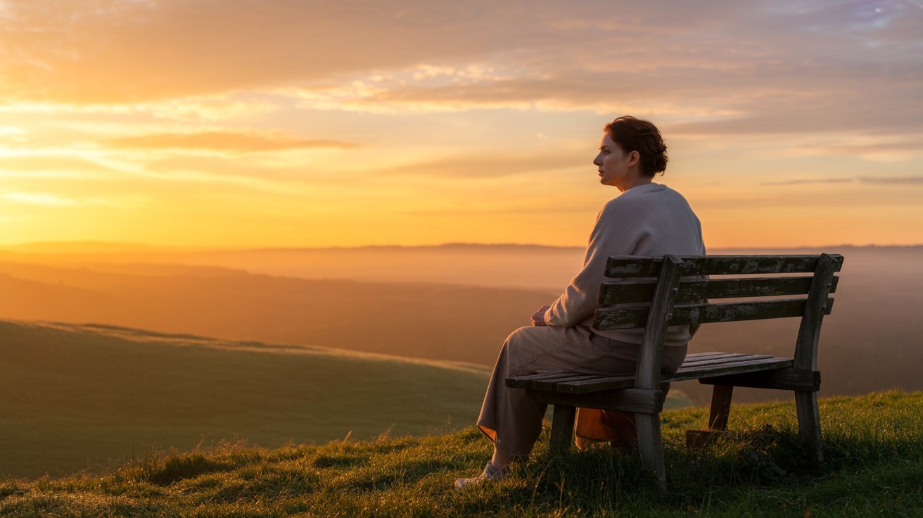 Adult watching a peaceful sunrise or sunset outdoors for calm reflection.