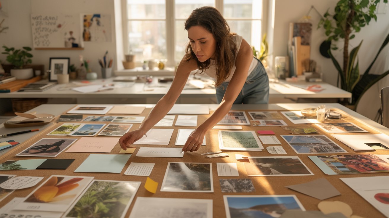 Adult creating a vision board for goals and personal motivation.