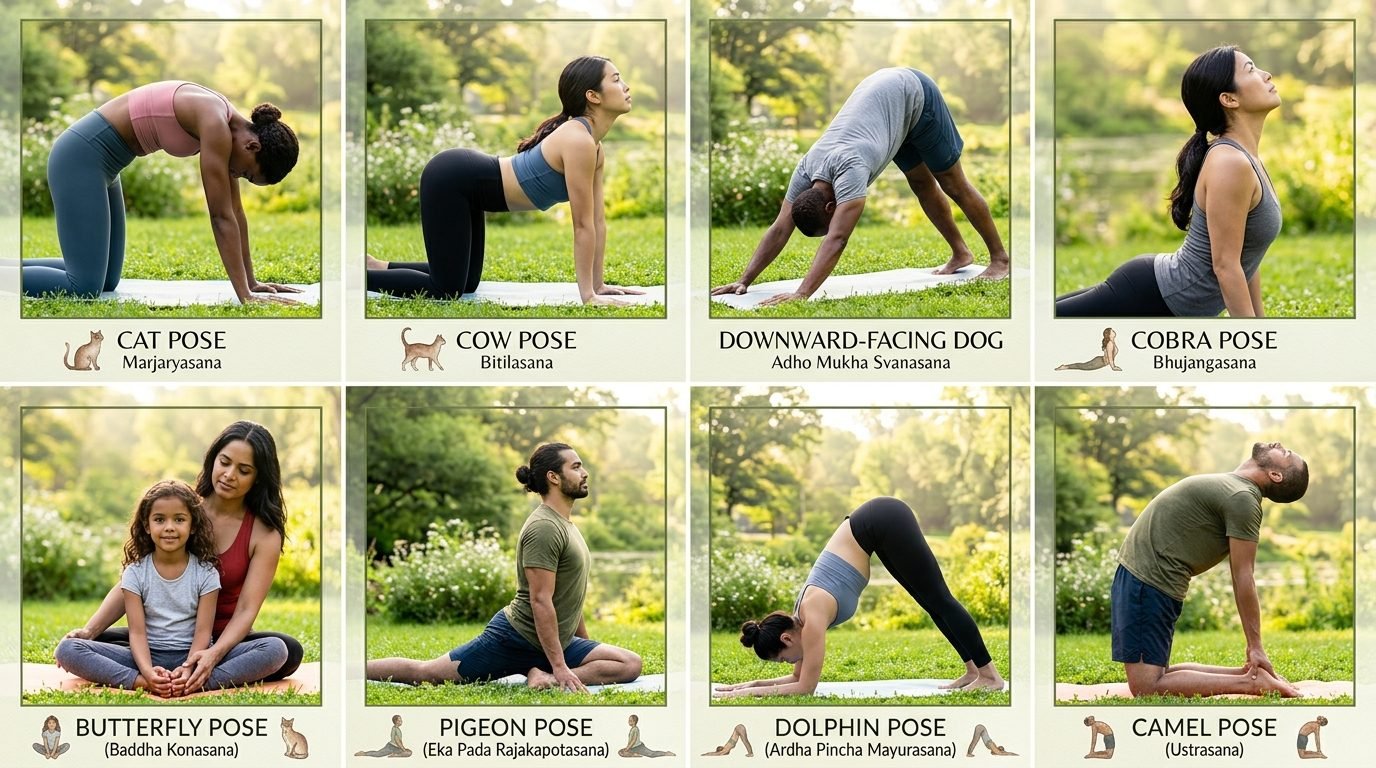 multiple people practicing animal-influenced yoga poses in a bright nature-themed studio space.
