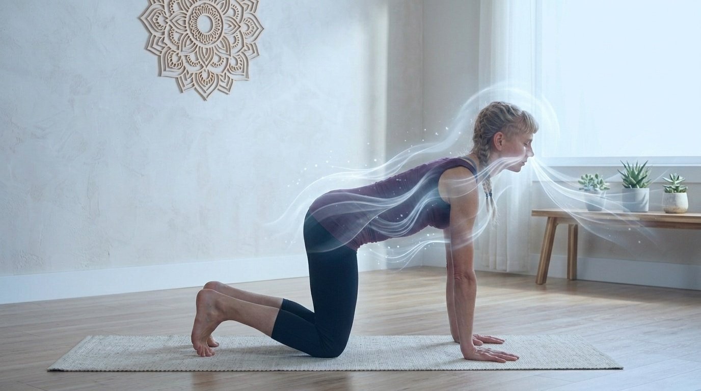Calm breathing in table top yoga pose with steady inhale and exhale awareness