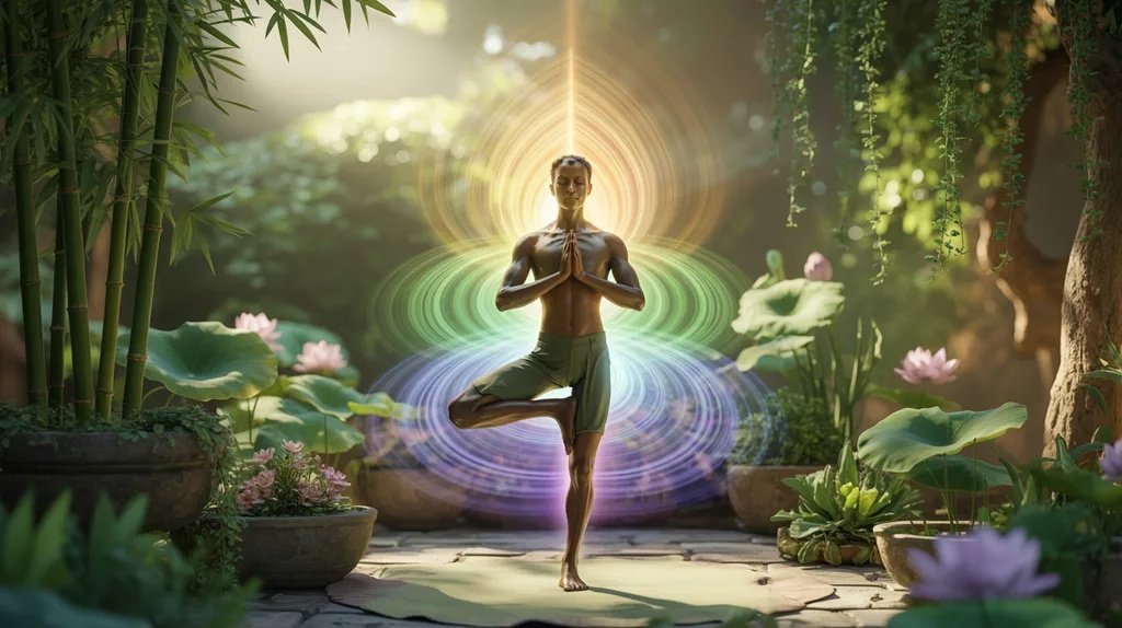 Balanced yoga practitioner cultivating stability within the koshas.