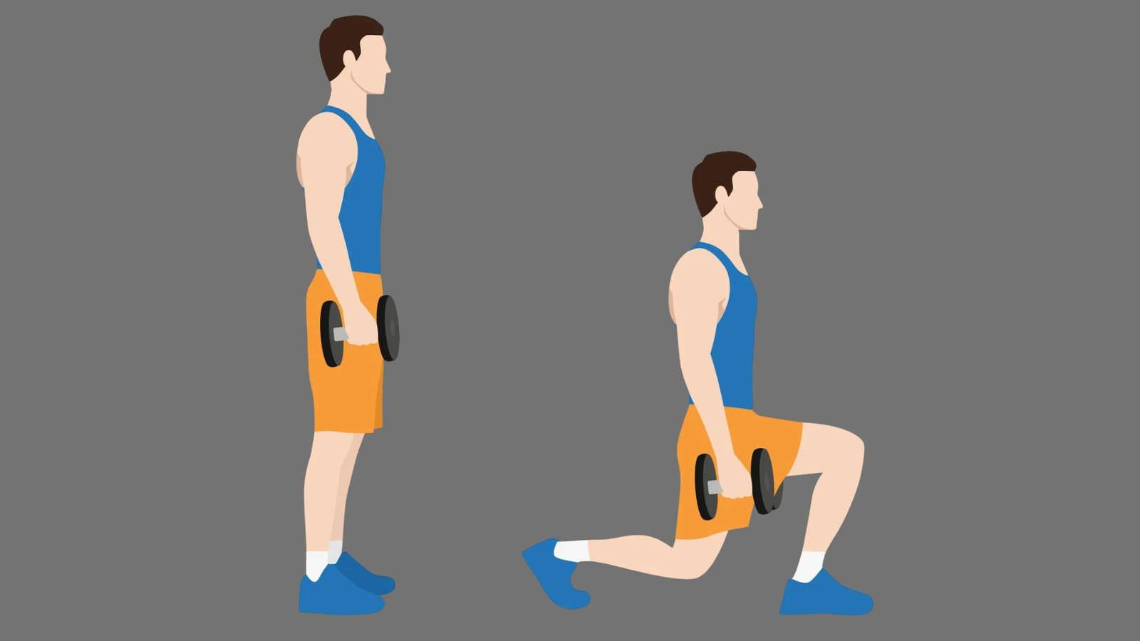Flat illustration of man in blue tank top performing dumbbell lunges showing start position and forward lunge