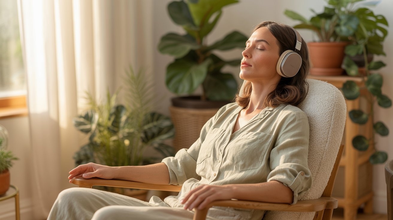 Adult practicing guided imagery for relaxation and stress relief.