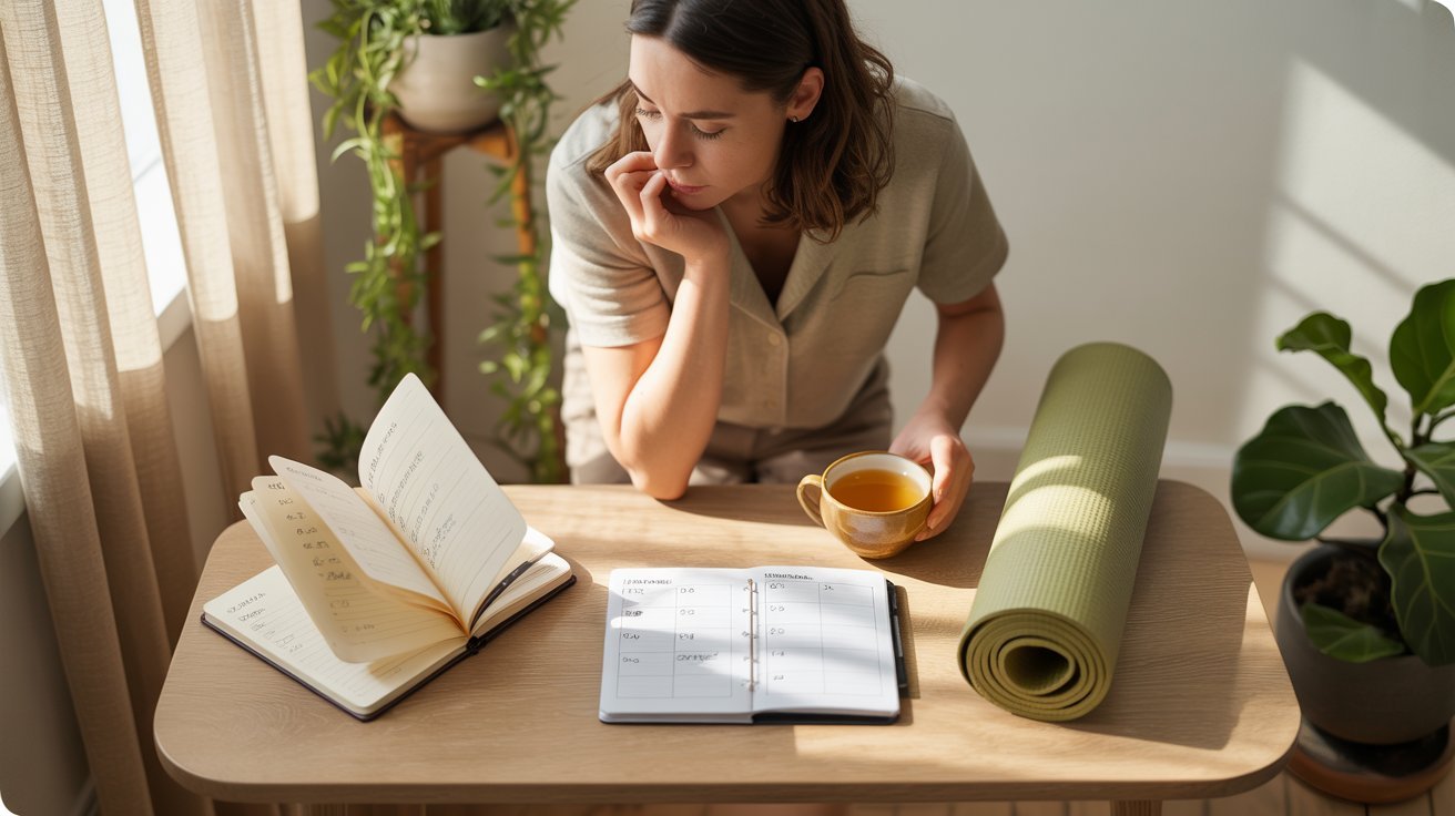 Adult choosing holistic wellness activities by planning goals and building a balanced routine.