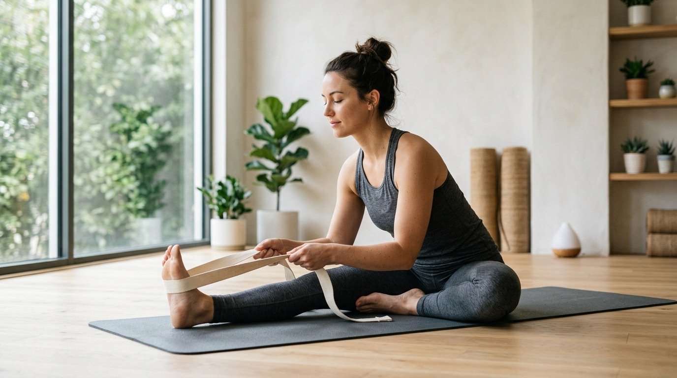Person using a yoga strap for a relaxed passive stretch in a calm studio