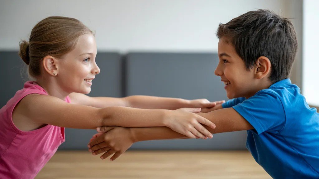 Two pre-teens practicing partner airplane yoga pose together.