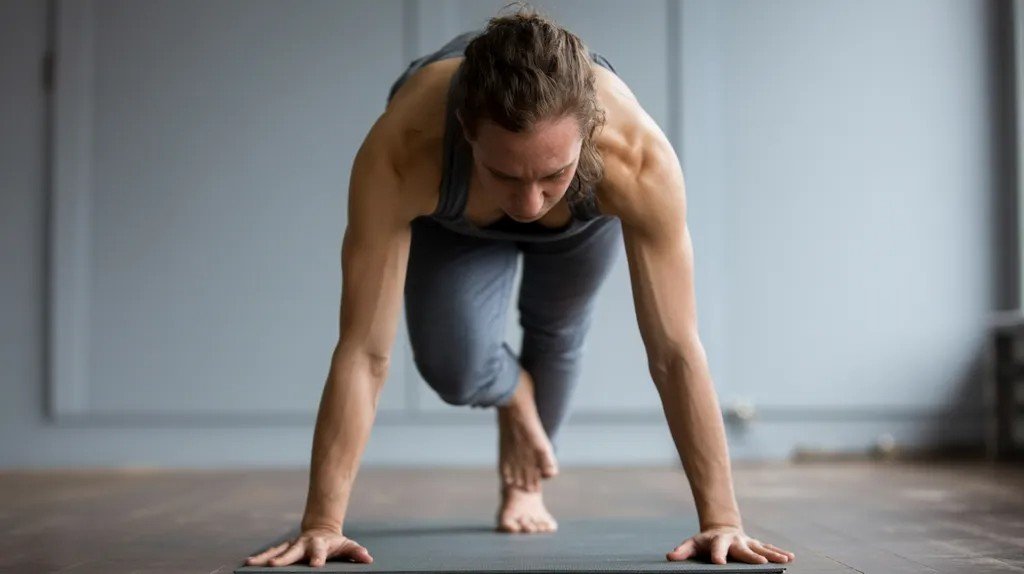 Beginner practicing gentle vinyasa yoga flow focusing on breath and simple poses.