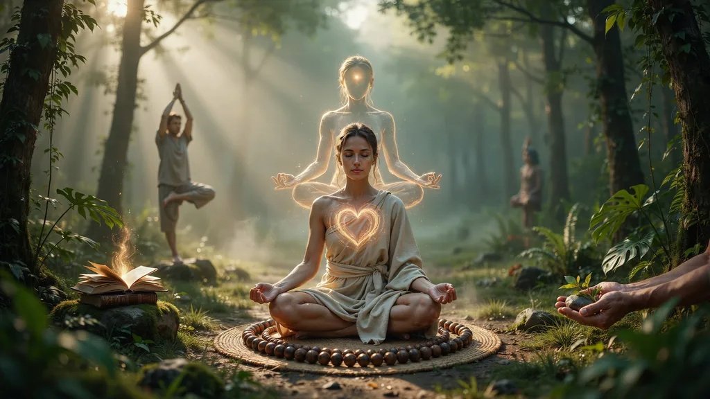 Illustration showing the six branches of yoga represented through meditation, movement, devotion, wisdom, selfless action, and mantra practice.