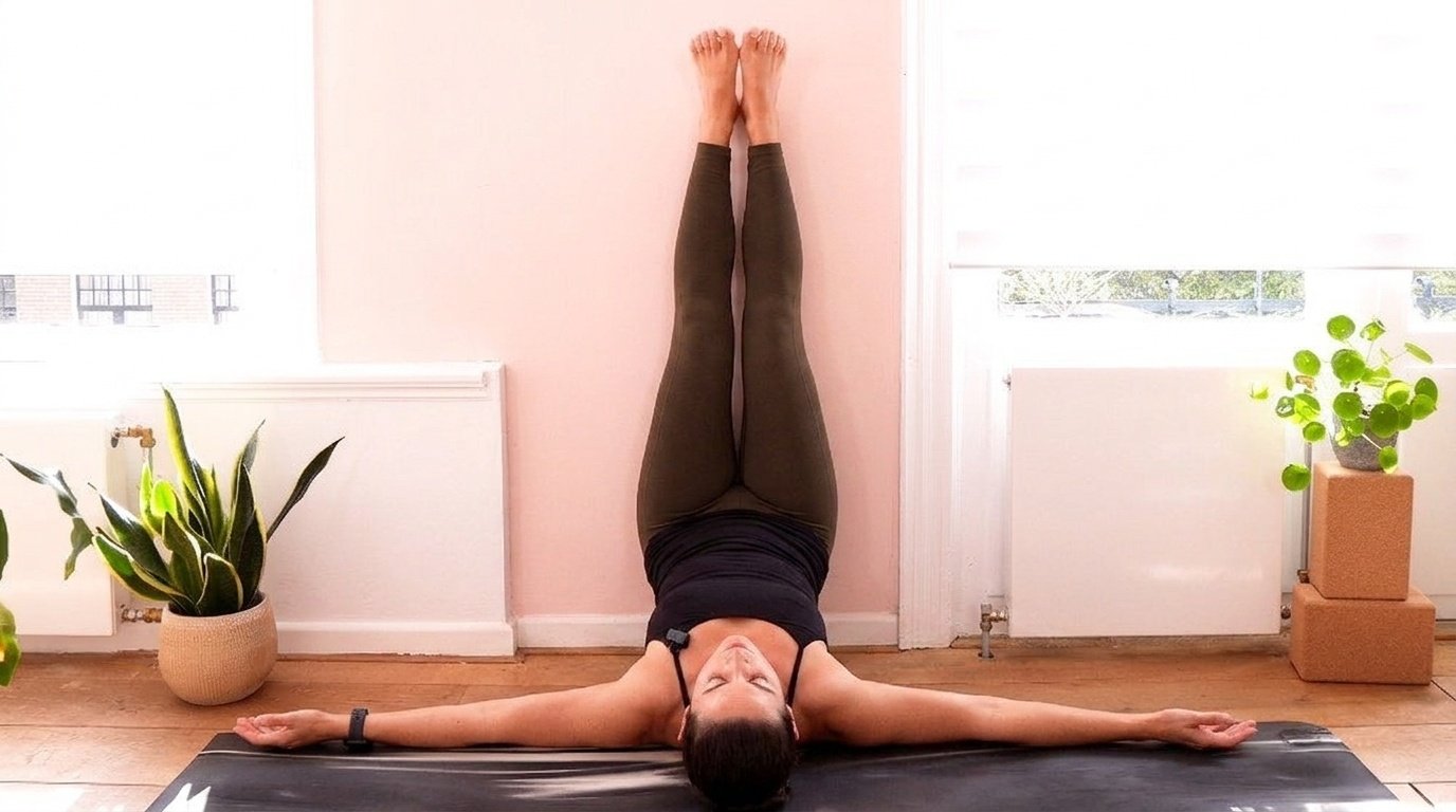 Woman in wall yoga legs-up-the-wall pose, legs vertical on wall to boost circulation and relax.