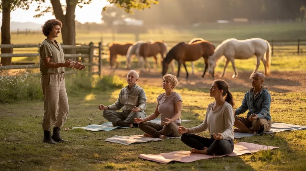 Participants practicing horse yoga with calm horses during a guided wellness session.