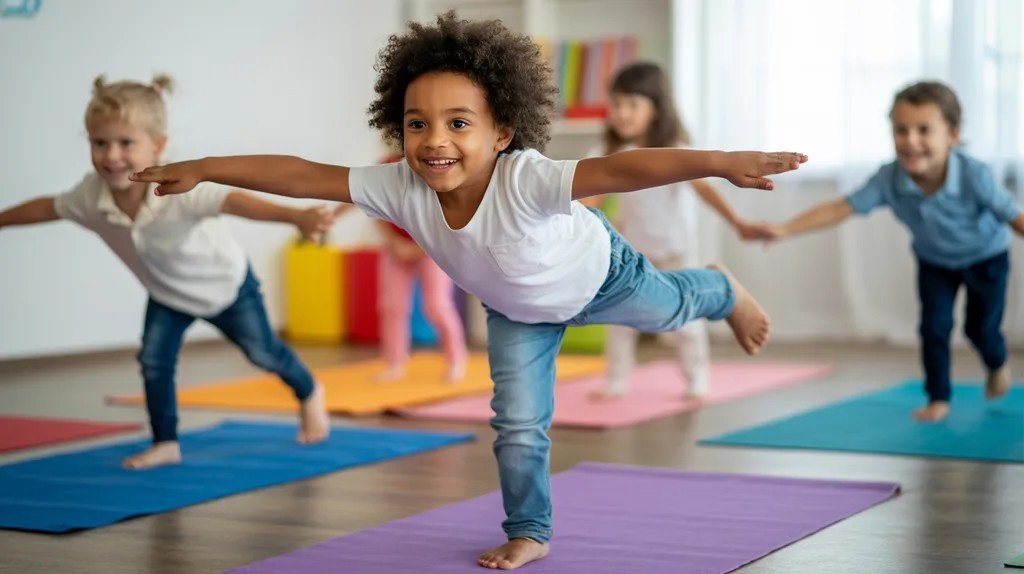 Child balancing in airplane yoga pose with arms stretched out like wings.