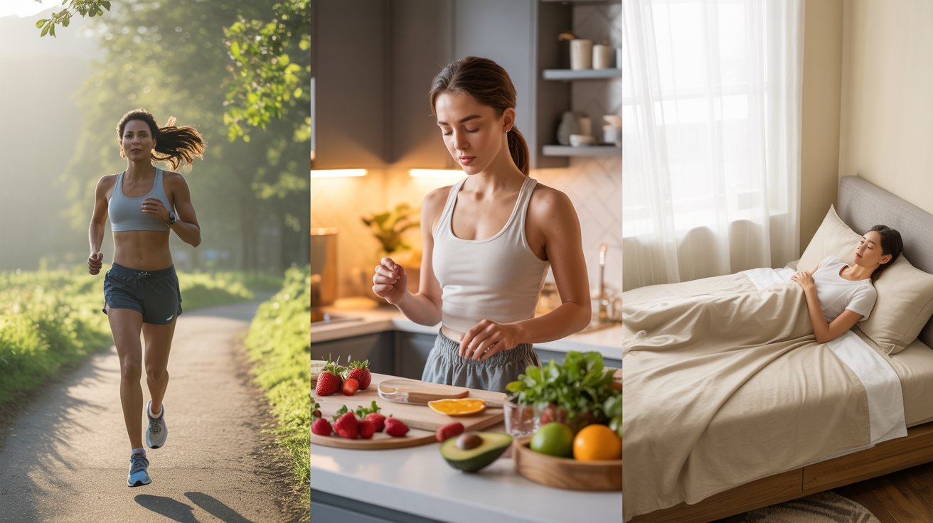 Adult exercising, eating nutritious foods, and getting quality sleep to support overall physical wellness.