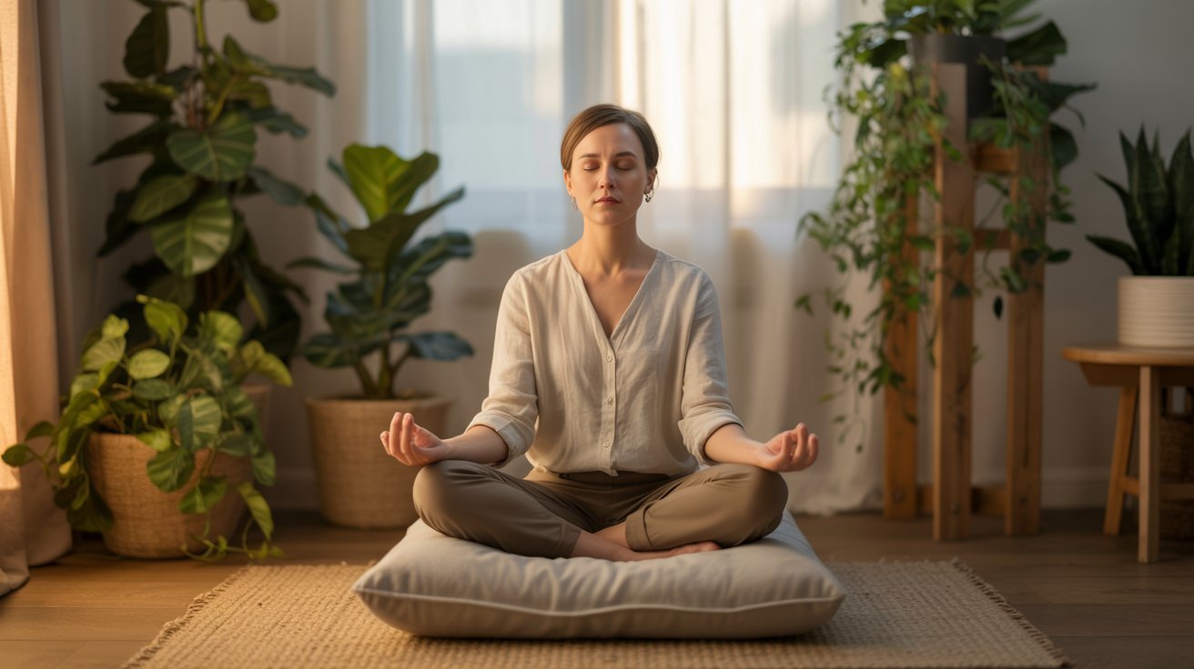 Adult practicing deep breathing in a calm, relaxing environment.