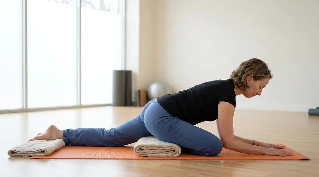 Proper hip alignment with support during Swan Pose.