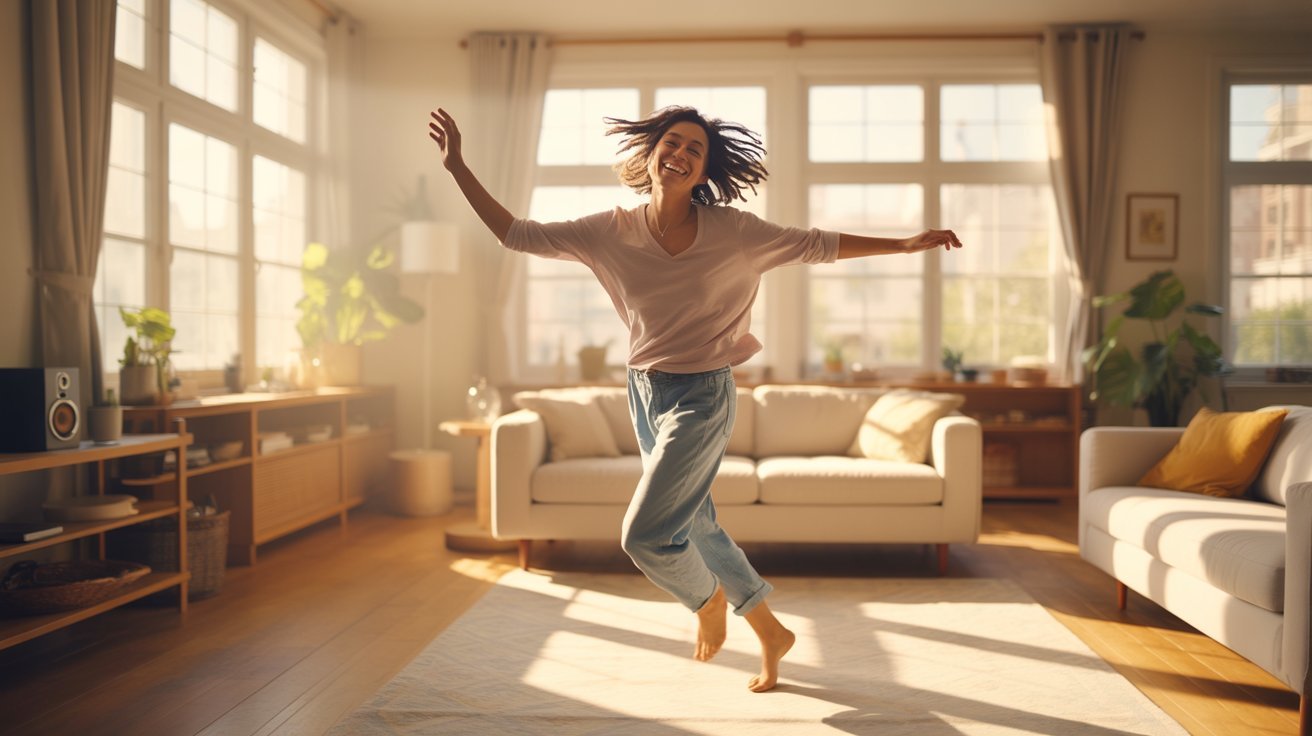 Adult dancing freely at home to boost mood and energy.