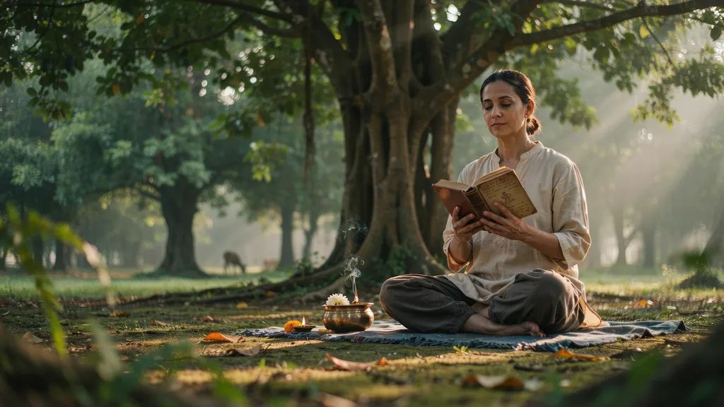 Person studying and reflecting under a tree to represent Jnana Yoga.