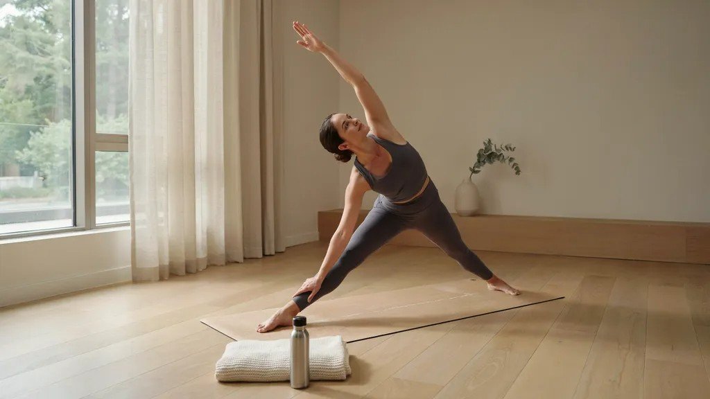 Person demonstrating Triangle Pose to stretch the body and improve breathing.
