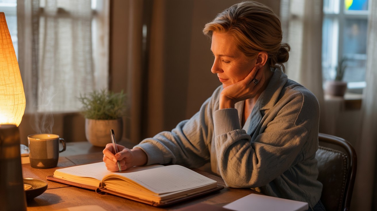Adult journaling thoughts and emotions in a calm space.