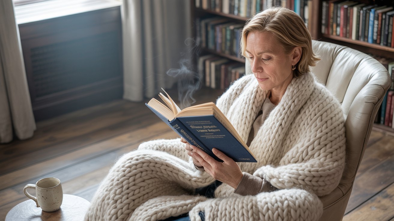 Adult reading a book in a calm and cozy space for personal growth.