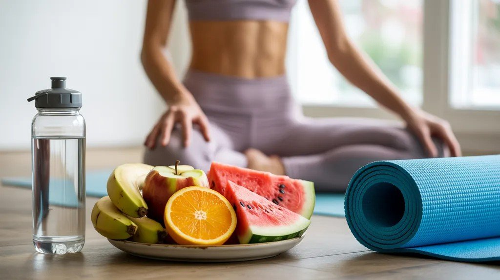 Fresh fruits like banana, apple, orange, and watermelon used as light pre-hot yoga energy snacks.
