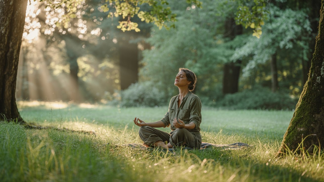 Adult relaxing in nature surrounded by greenery and calm scenery.