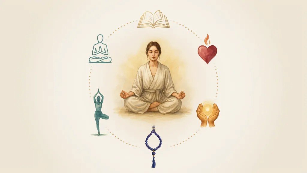 Symbols showing how each branch of yoga focuses on a different aspect of growth.