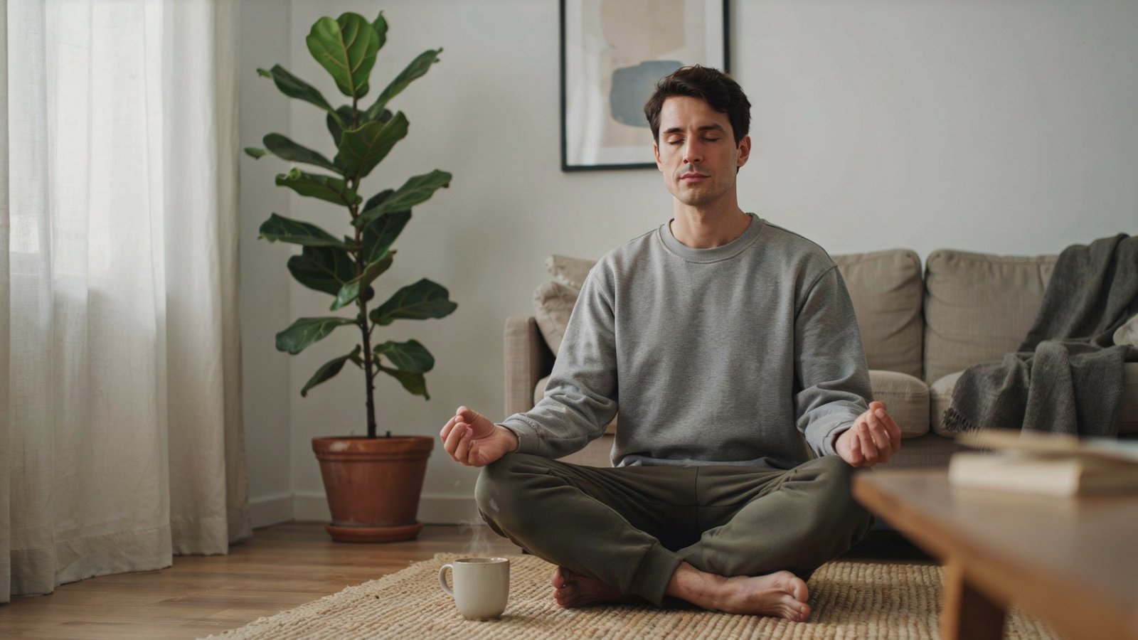 Man sits cross legged on a rug and meditates beside a plant and steaming mug indoors.