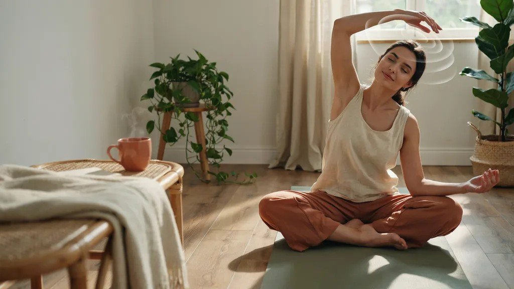 A person doing gentle stretching in a calm space to reduce stress and relax.
