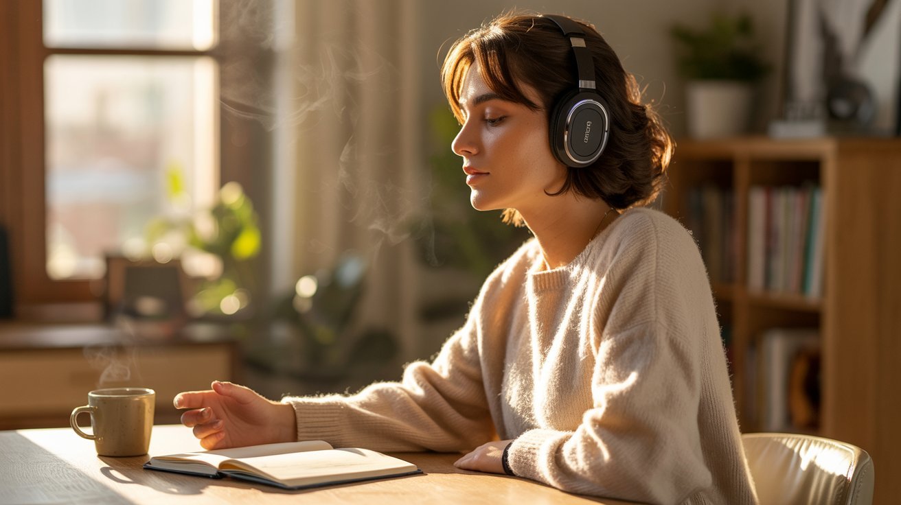 Adult listening to a motivational podcast for inspiration and learning.