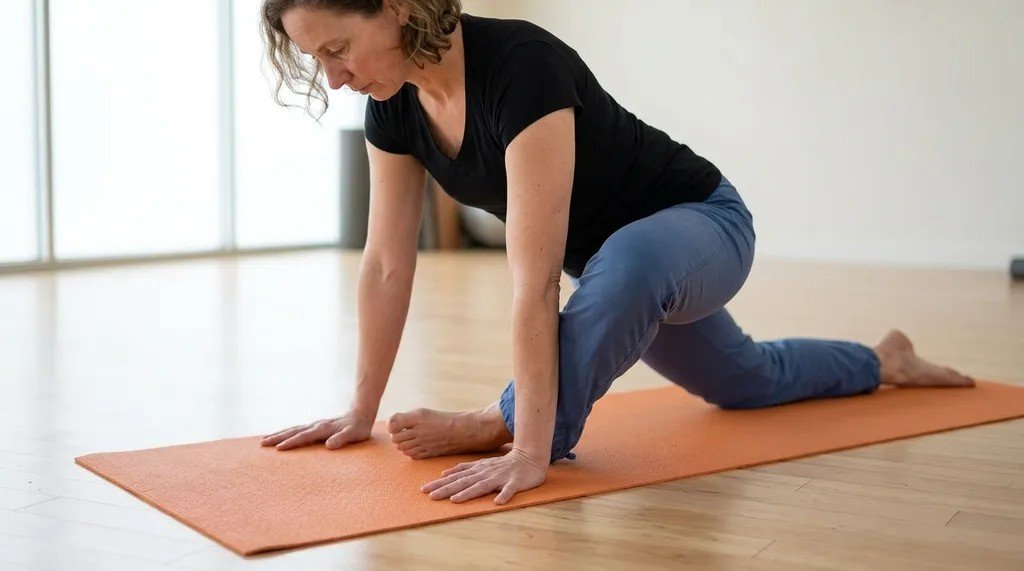 Correct front leg positioning for Swan Pose Yoga.